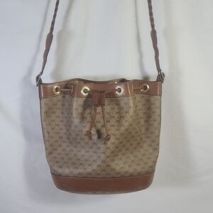 Gucci Vintage Women's Coated Canvas Leather Drawstring Bucket Bag Purse